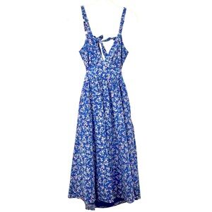 Mable Blue Floral Cotton Midi Dress Neck Tie Cottage OpenBack Sleeveless Small